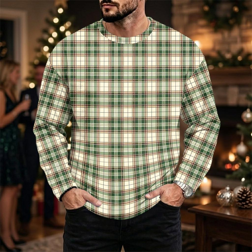 Men's Casual Loose Fit Neck Long Sleeve Top with Christmas Print, Winter Base Layer