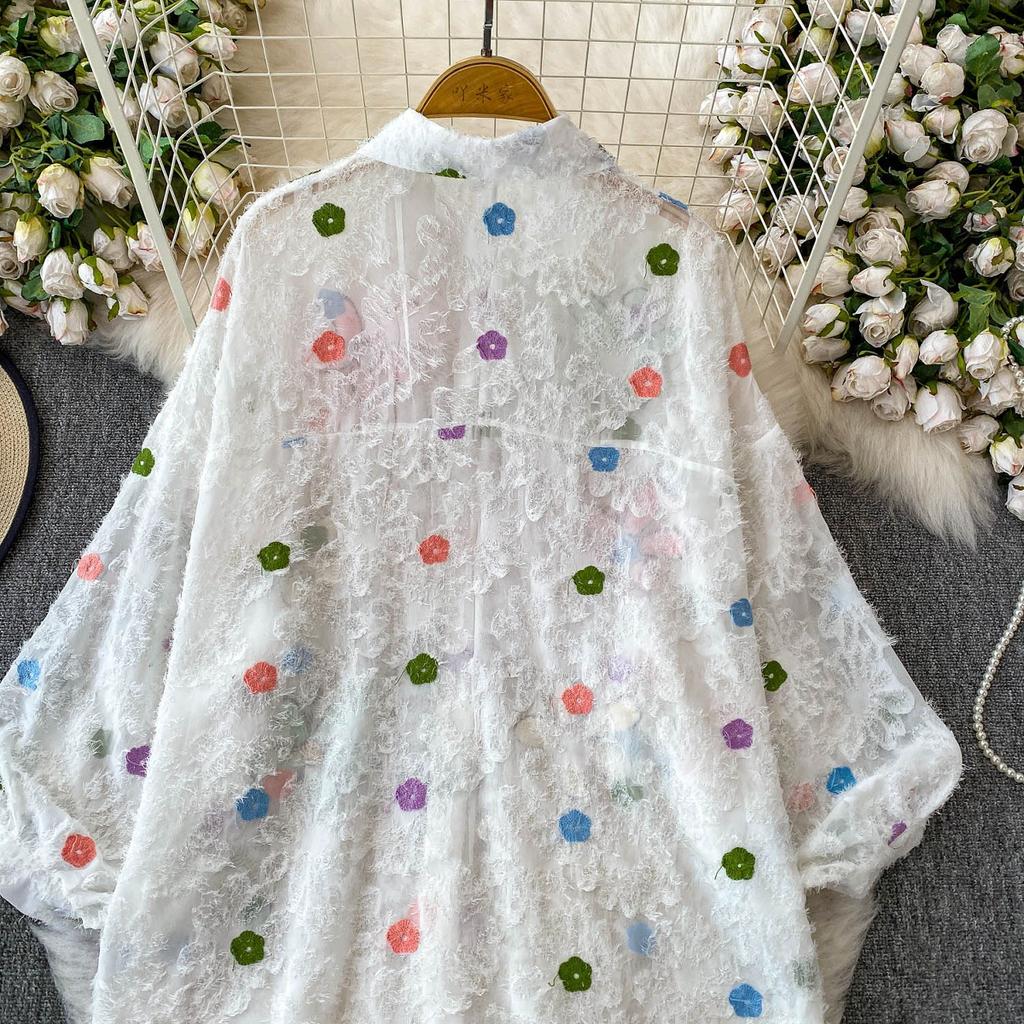 Premium Heavy Industry Diamond Sequined Flower Lapel Lantern Sleeve Shirt Women's Summer Sweet Age-reducing Loose Fringed Top