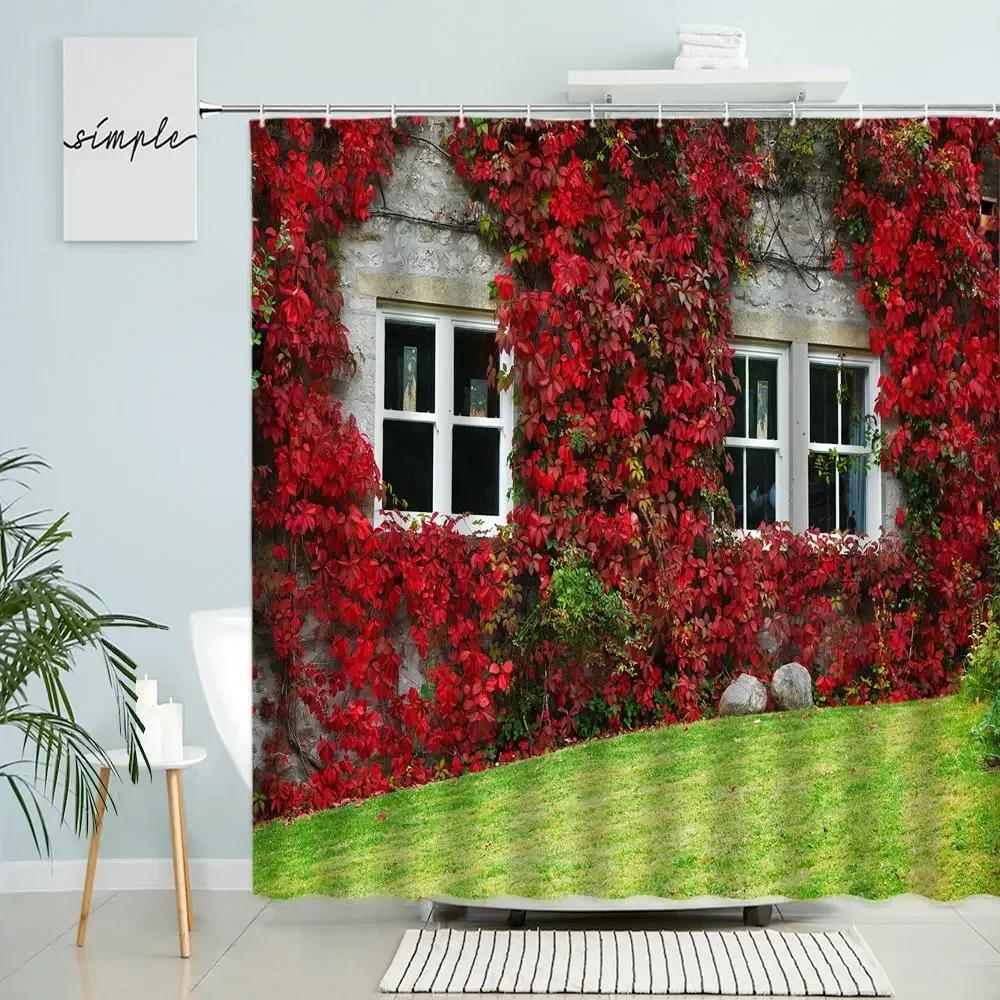 Retro Flowers Window Brick Wall Shower Curtain Natural Scenery Green Plants Country Town Scenery Home Bathroom Screen Home Decor