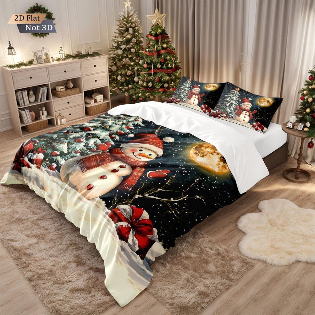 3pcs Christmas snowman reindeer red print coreless duvet set multi size bedroom bedding holiday decoration soft machine washable