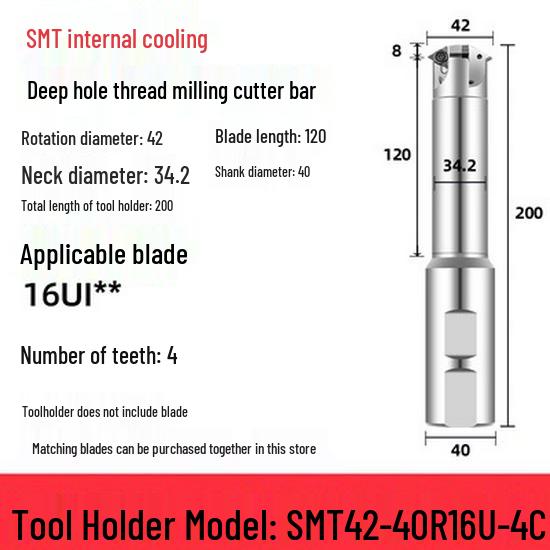 Deep Hole Internal Thread Milling Cutter with Coolant, Imperial/Metric Shank, US 11UI/16UI