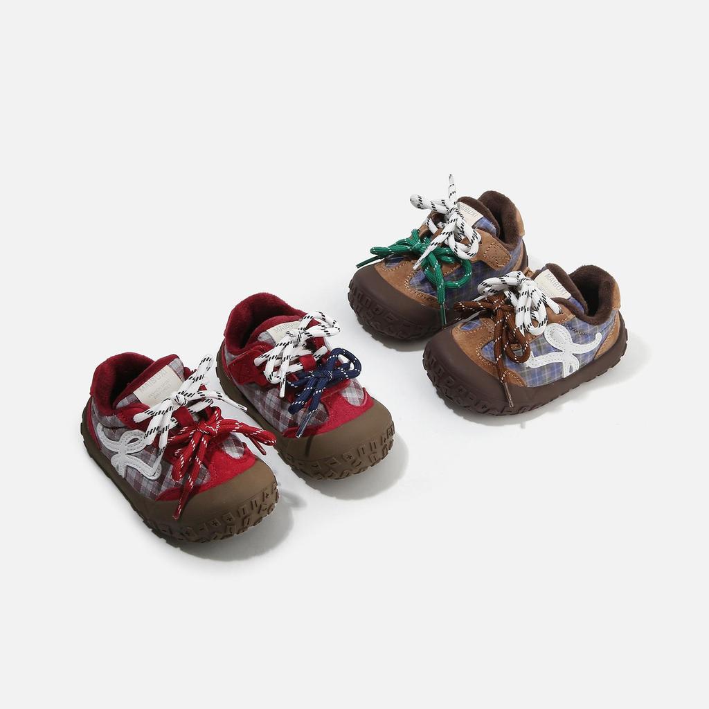 Kids' Cotton Spliced Upper Sports Shoes: Winter Plaid Walking Shoes with Double Shoelaces for Boys and Girls