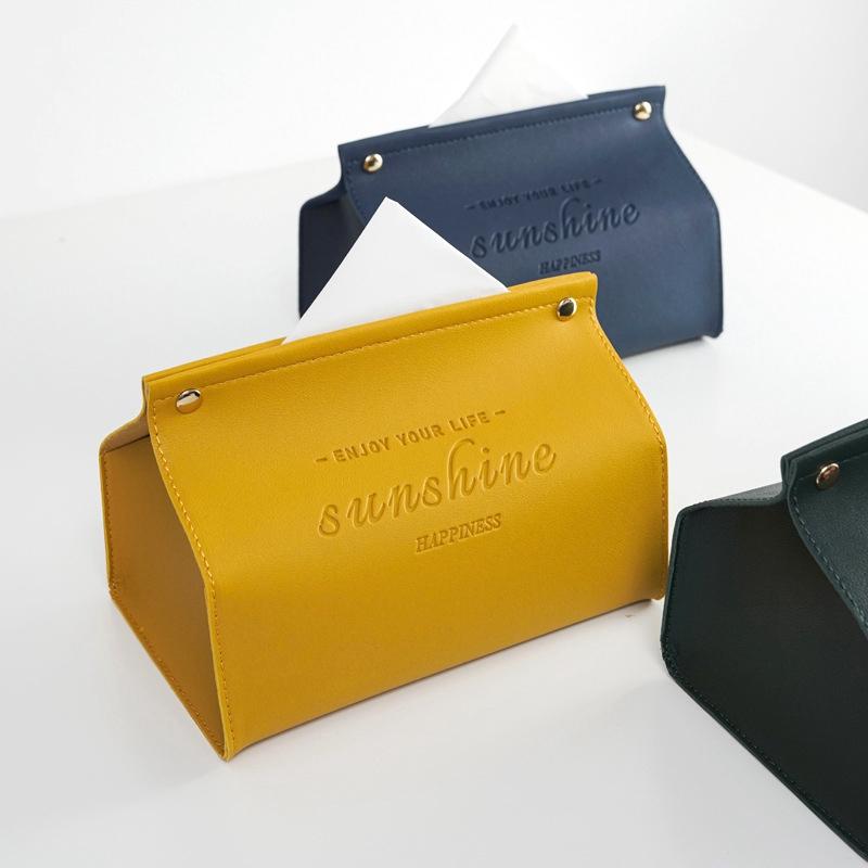 

YT2014 Nordic Snap Button Design PU Leather Tissue Box Car Home Decoration Desktop Napkin Holder Case Yellow