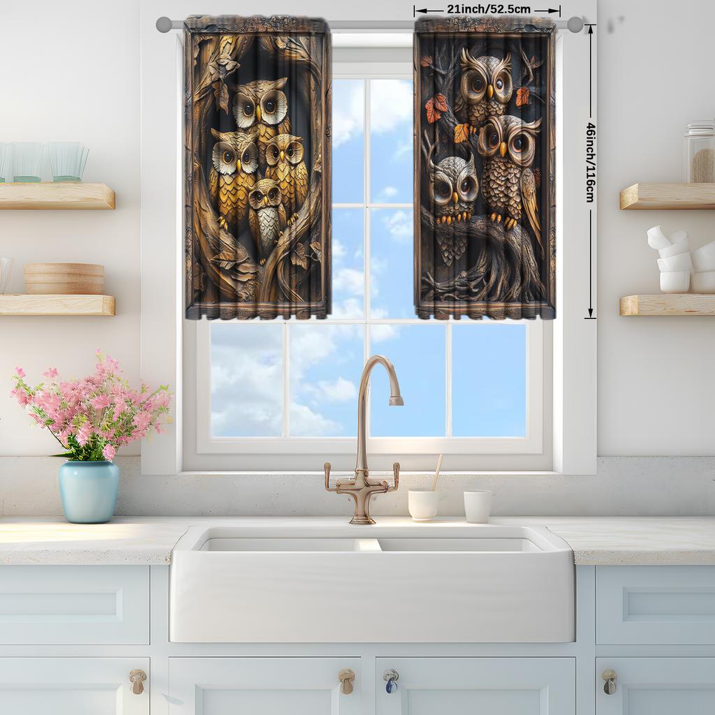 2pcs Vintage Woodcarved Owl Printed Curtain for Home Decor - Rod Pocket Window Treatment for Bedroom, Office, Kitchen