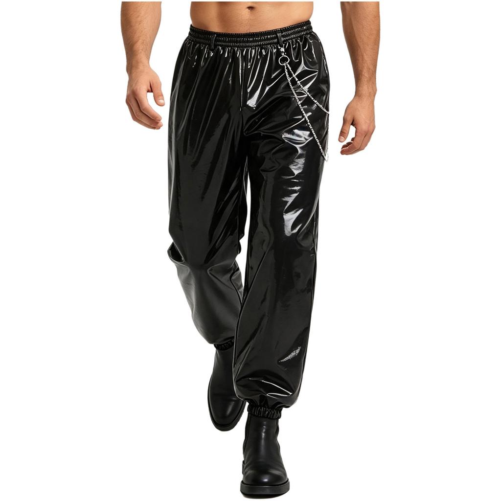 Men Glossy PU Leather Jogger Pants with Metal Chain Detail Elastic Waistband Side Pockets Punk Clubwear Trousers for Rave Party