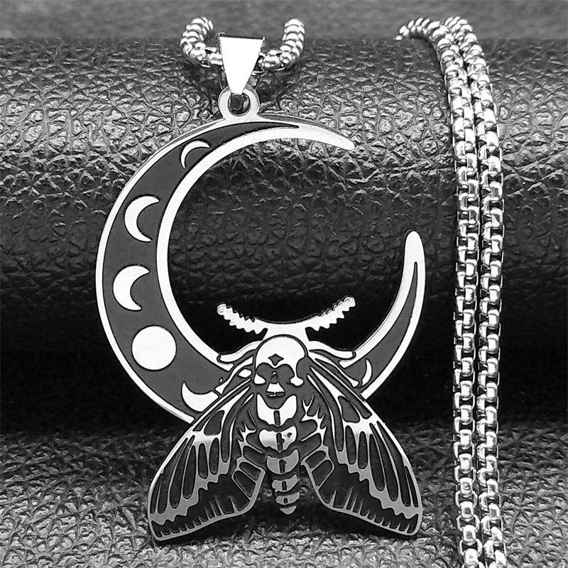 Witch Luna Moth Skull Crescent Necklace for Women Men Stainless Steel Gothic Insect Moon Phase Chain Jewelry Necklace