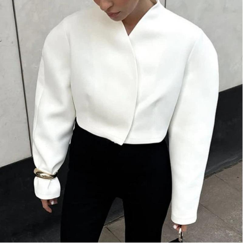 Women S White Cropped V Neck Long Sleeve Loose Elegant Jacket