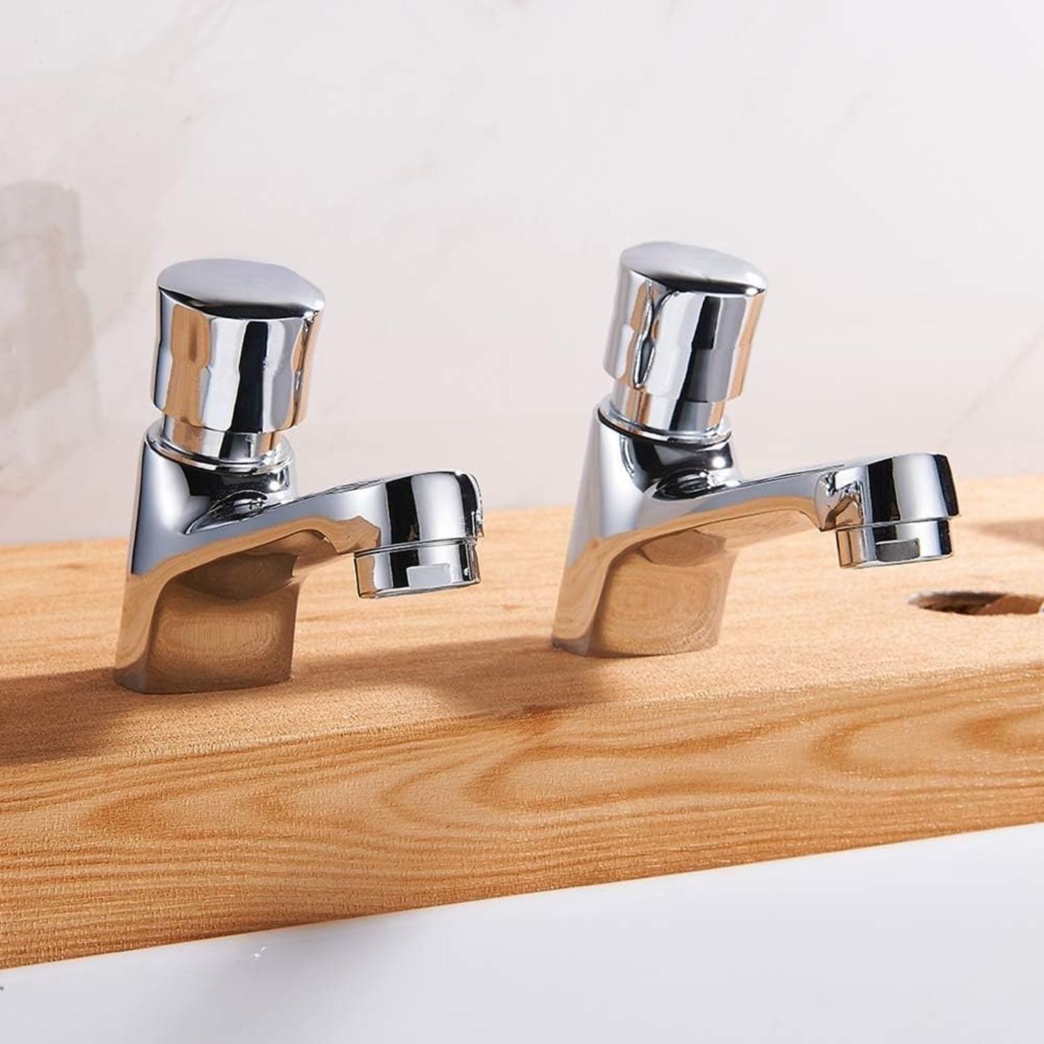 Pair Bathroom Sink Taps 1/2 Hot Cold Mixer Non Concusive Push Button Self Closing Lever Basin Tap Set Chrome Twin Press Water Toilet Faucet 2-Pack серебряный