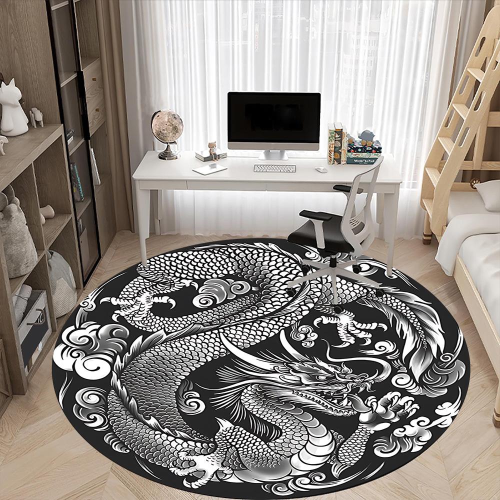 1PC Dragon Pattern Office Round Rug, Non Slip, Soft and Durable Office Rug for Interior Decoration, Perfect for Office