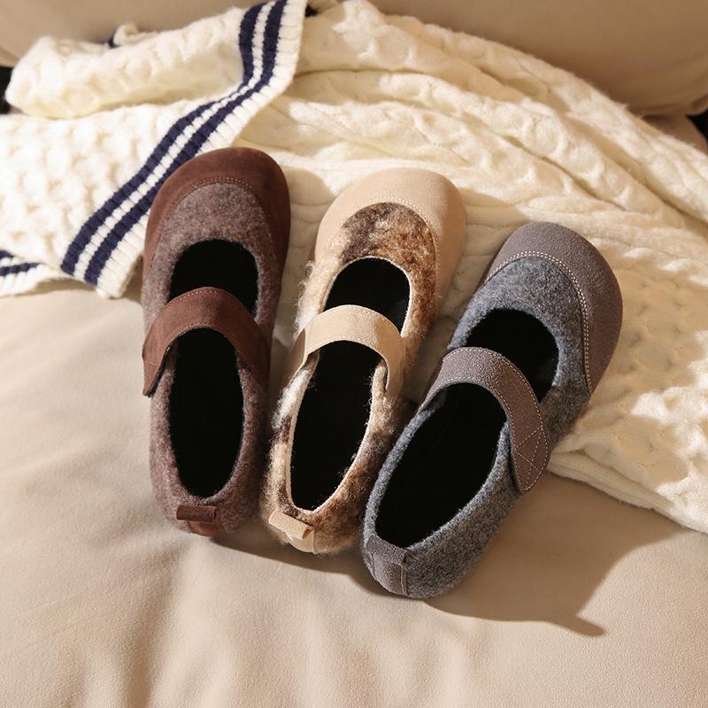 Sheepskin Version~ Retro Matte Splicing Mary Jane Single Shoes Women's Autumn New Flat-bottomed Velcro Shallow Mouth Single Shoes Tide
