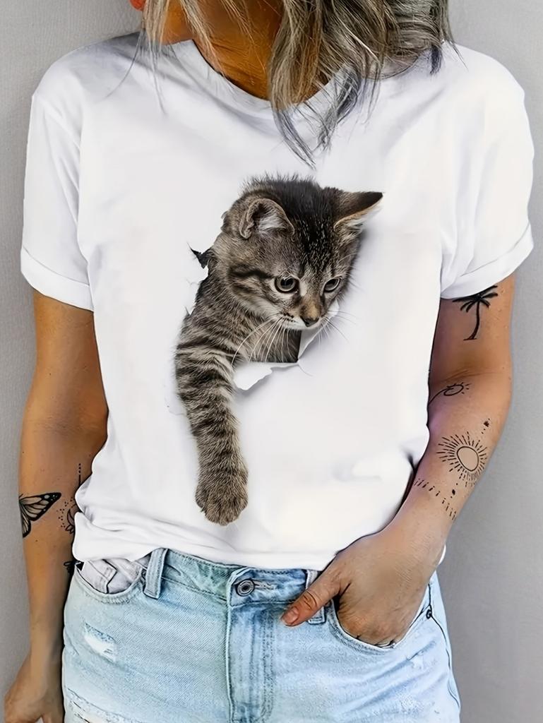 Funny Women's Cat Graphics T-Shirt Cute 3D Print Tees Fashion Tops Short Sleeves O-Neck T-Shirts Street Summer Woman Clothing