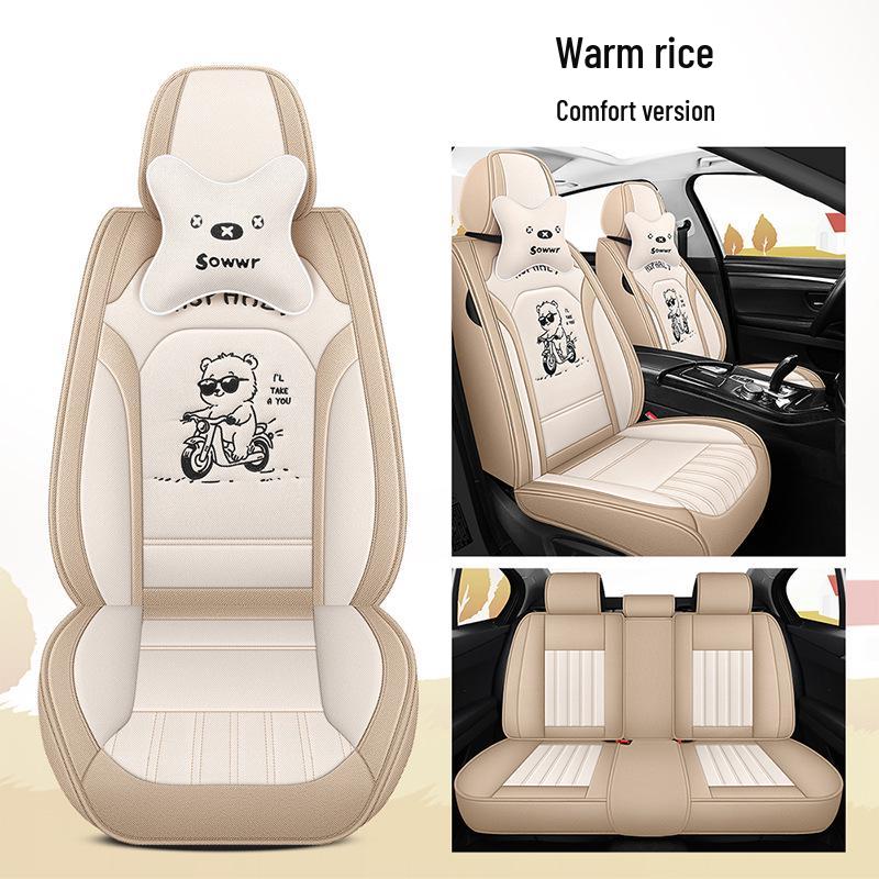 All-Season Linen Car Seat Cover - Breathable, Full Coverage with Cute Cartoon Design for Autumn/Winter