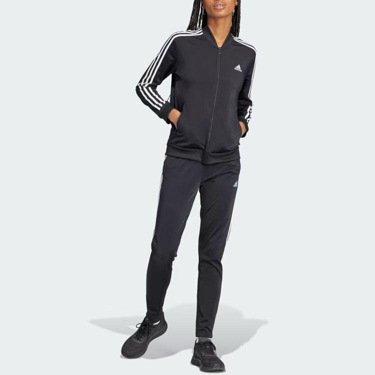 Adidas Essentials 3-Stripes Colorblock Long Sleeve Track Jacket and Pants Set Women Tracksuit Black IJ8781