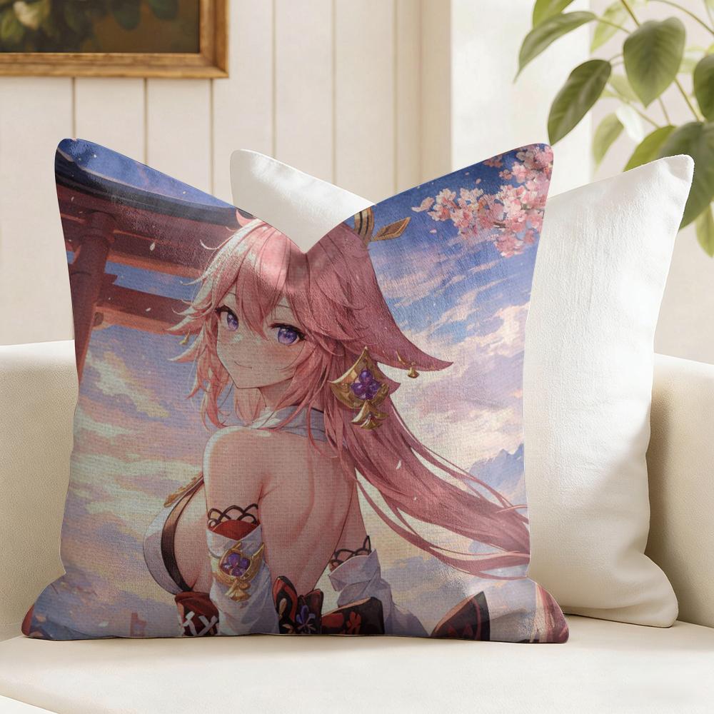 Yae Shrine Maiden Genshin Impact Cushion Cover Natural Linen Double Sided Print Throw Pillow Case for Sofa Couch Home Decor