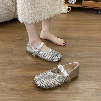 Hollow Fishing Net Crocheted One-word Strap Single Shoes Women's 2025 New Round Head Flat-soled Ballet Shoes Woven Mary Jane