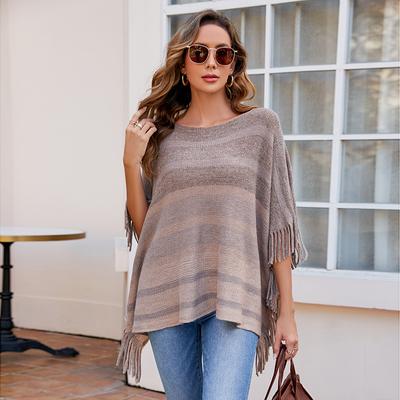 European and American One-line Collar Tassel Shawl Women's Autumn New Contrast Striped Cape Coat