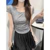 Polka-dot U-neck short-sleeved T-shirt for women in summer, revealing collarbone, pure desire, sweet and spicy design, slim-fitting half-sleeved top