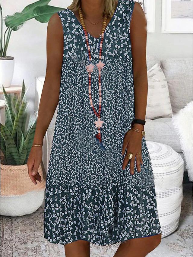 Summer new European and American women's clothing, hot-selling V-neck small floral printing sleeveless women's dress