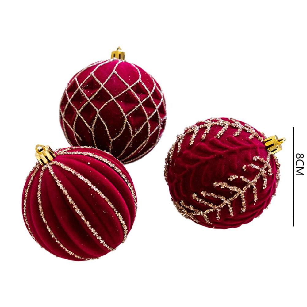 3pcs 8cm Wine Red Flocked Christmas Ornaments Christmas Tree Decorations Plastic Christmas Ball Festive Party Supplies For Home