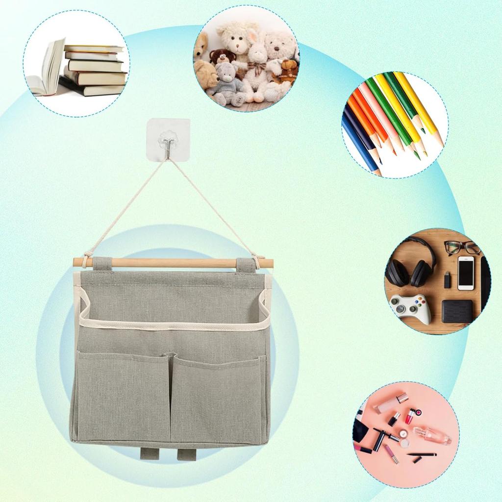 3Pcs Wall Hanging Storage Caddy Bags, Wall Hanging Organizer Bag With Hooks, Linen Cotton Fabric Hanging Wall Door Organizer