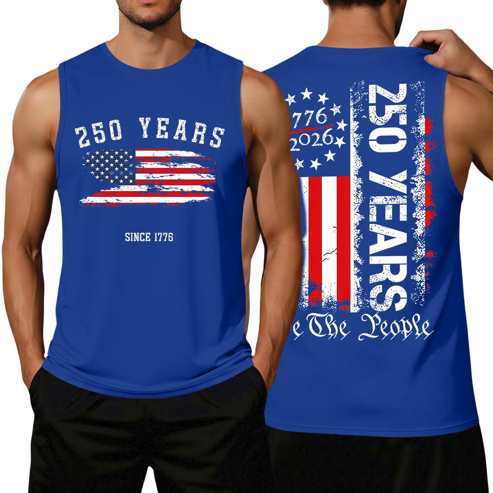 

Men s Loose Fit Sleeveless Casual Tank Top Flag Print 250 Years SemiQuincentennial We The People Graphic Shirt Summer Workout Tee S синий