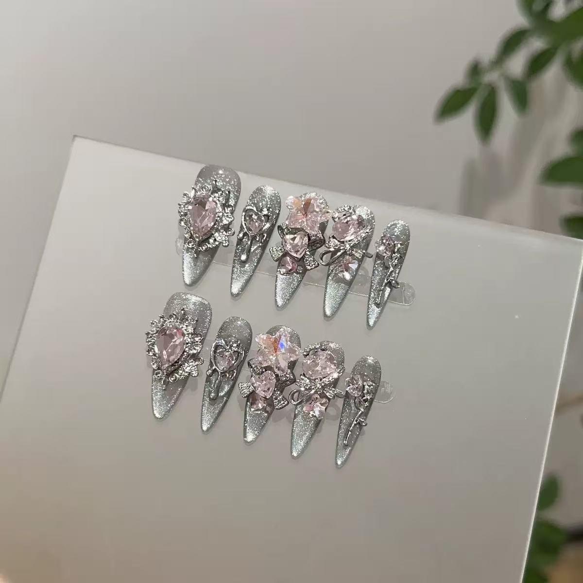 Starry Cat Eye Rhinestone Handmade Nails - Spicy Girl Style, High Quality & Unique Design Small