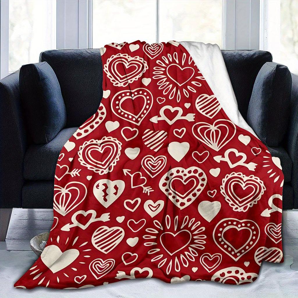 Bright red heart-shaped pattern Flannel printed blanket suitable for all seasons suitable for living room office sofa and travel