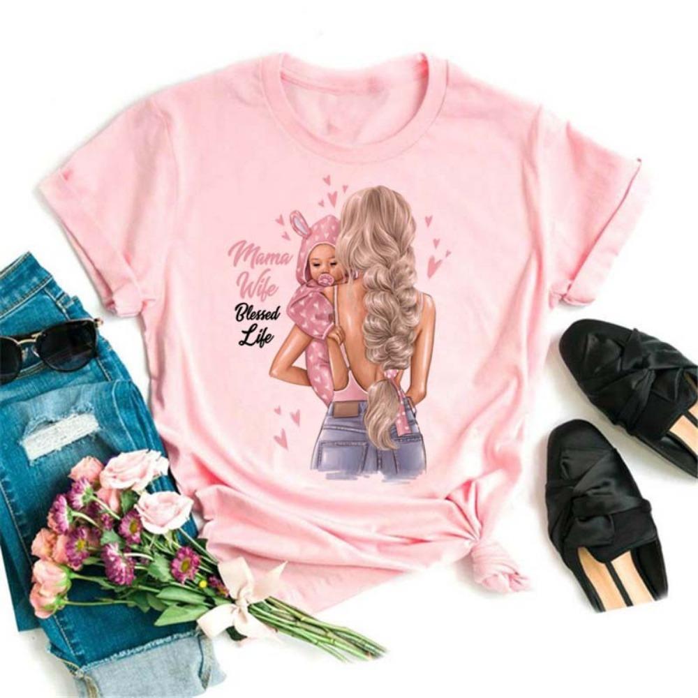 Maycaur Women T Shirt Cartoon Mom with Sons Shirt Fashion Print Casual Woman Tee Ladies Female T-shirt Short Sleeve T Top Shirt
