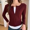 Herbst Winter Fake Zweiteiler Lässige Mode T-Shirt Damen Langarm Allround Unterzieh-Pullover Top Tee