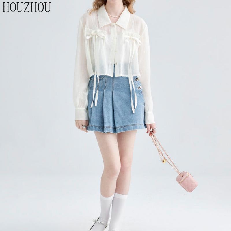 HOUZHOU Chiffon-Hemd für Damen, Schleife, süß, koreanischer Chic, elegant, lässig, locker, langärmelig, Sonnenschutz, Fliege