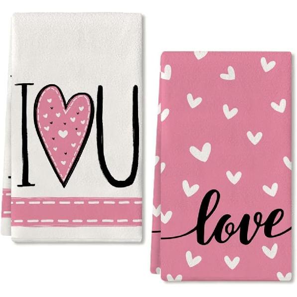 ARKENY Valentines Day Kitchen Towels Red Heart Dish Towels 18x26 Inch Ultra Absorbent Wedding Drying Cloth I Love U Sign Hand Towel for Valentine