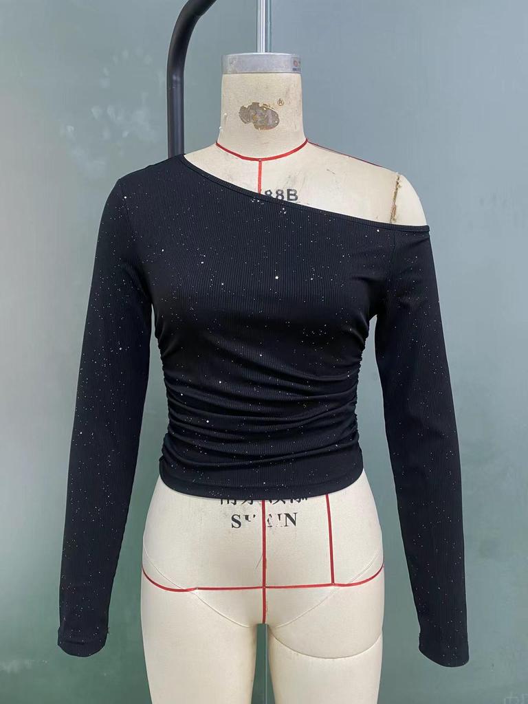 European Hot Girl Rhinestone Off-Shoulder Long Sleeve Knit T-Shirt - 2025 Spring Slim Fit Top