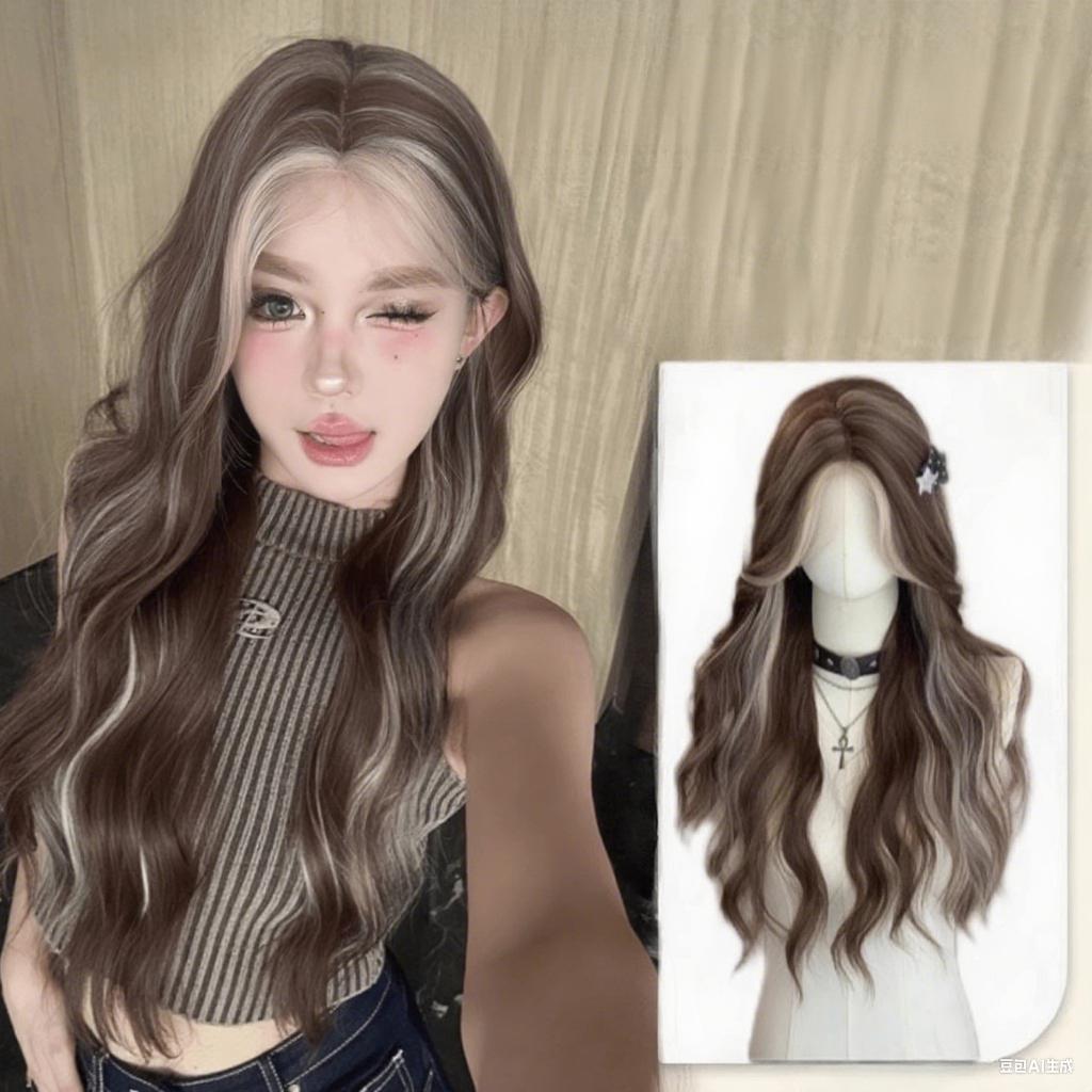 Grey gold highlights big wave long curly hair synthetic wig-Lolita long straight hair breathable chemical fiber headgear