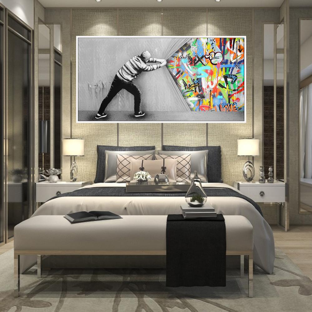 Graffiti Art Wall Pictures For Living Room Behind The Curtain Pop Street Art Canvas Painting Wall Art Posters And Prints Quadros