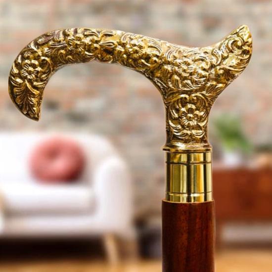 Handmade Wood Walking Stick with Carved Brass Handle 3Fold Stick 93.98 Cm Victorian Foldable Cane