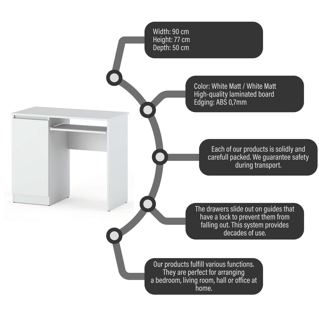 White Computer Desk 90 CM With 2 Shelves School Gaming Furniture