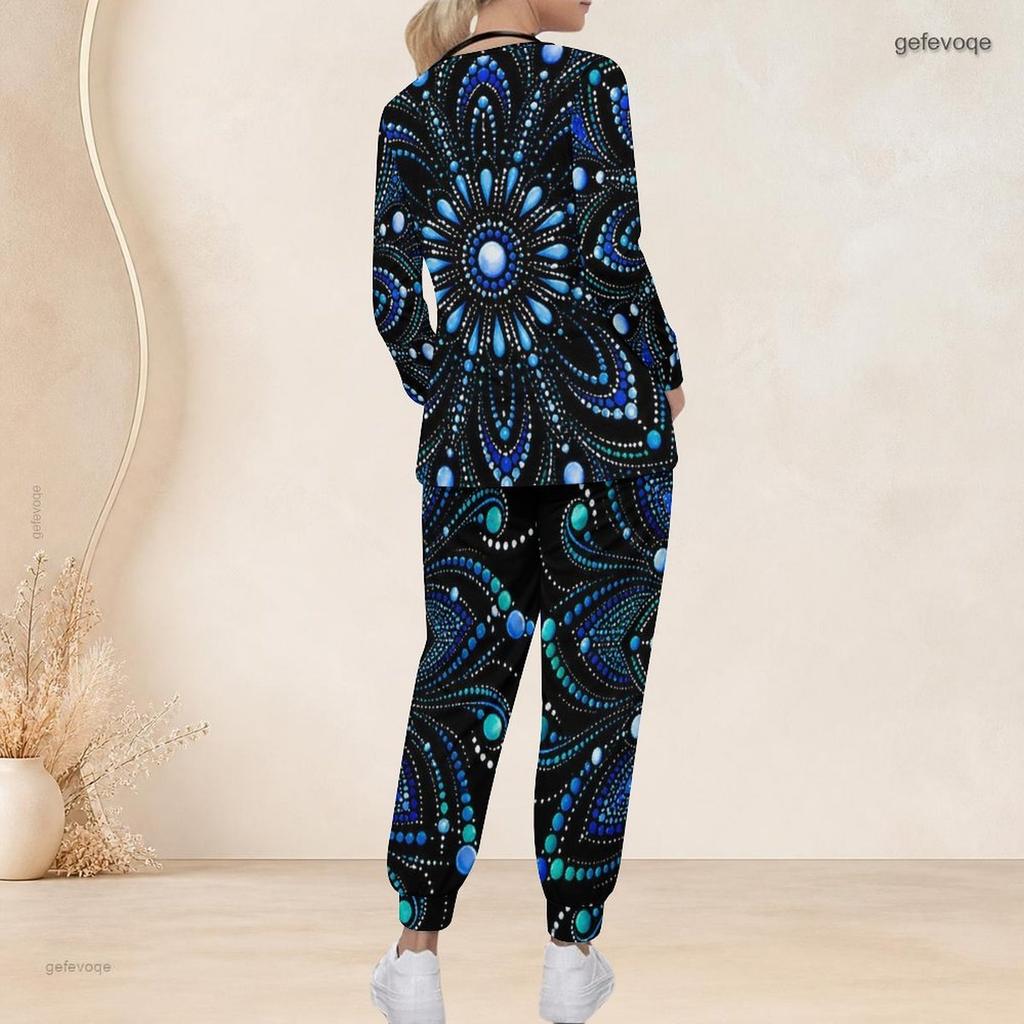 Women Plus Size Black Blue Printed Nurse Scrub Set V Neck Long Sleeve Pocket Top Long Pants