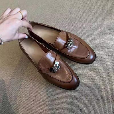 Retro British Style Round Head Horse Buckle Loafers Lock Buckle Polished Small Leather Shoes One Pedal Single Shoes