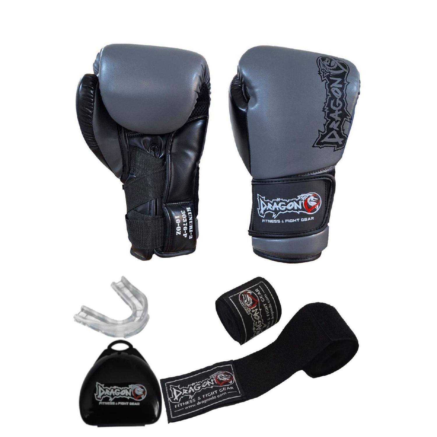 

Кунури, кикбоксинг, муайтай, тренировочные боксерские перчатки с драконом, набор из 3 повязок и капы 10 oz серый