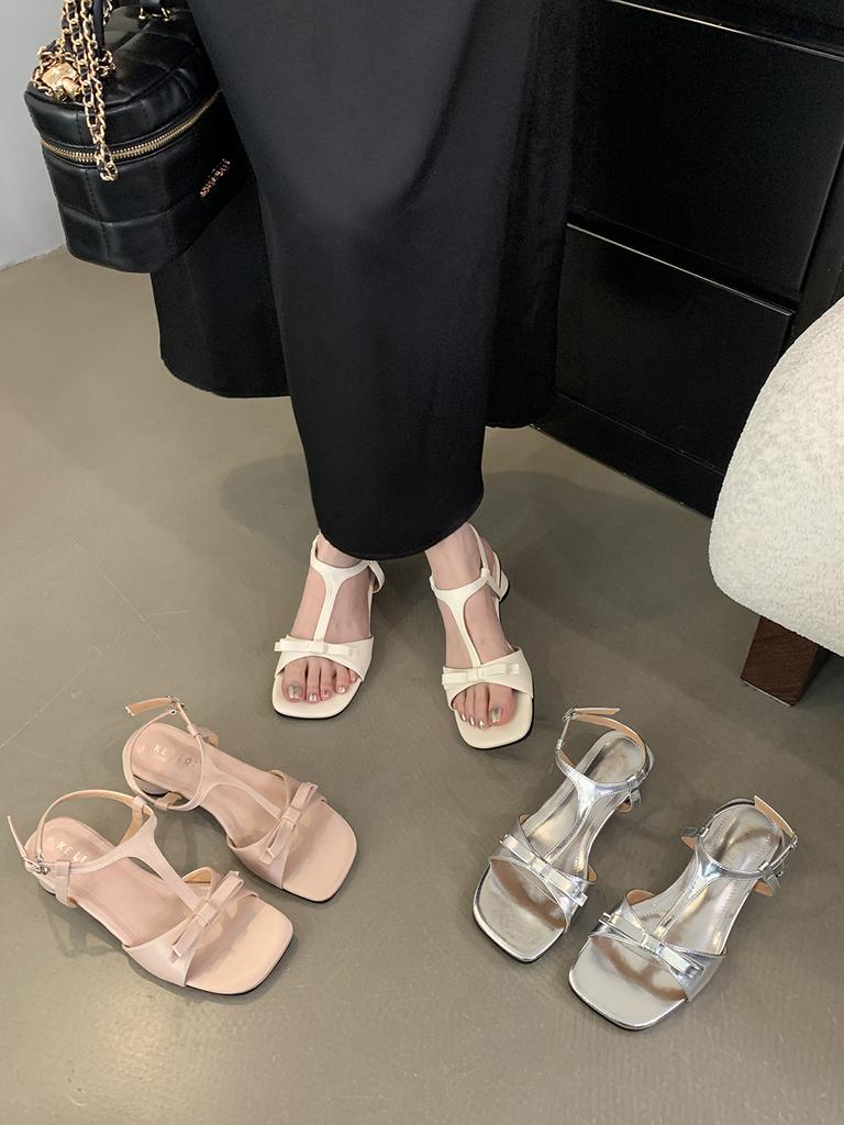 fashion Open Toe Women Sandals Beige Silver Pink Round Mid Heels Ankle Strap T Strap Summer Dress Shoes Woman Size 35-39 Bow Design