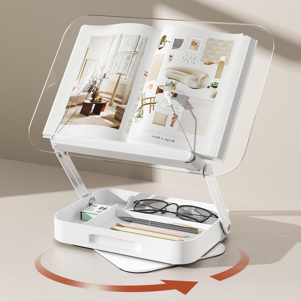 NEW Book Stand for Reading Adjustable Book Holder with 360° Rotating Base Elastic Page Clips Foldable Desktop Riser Stand
