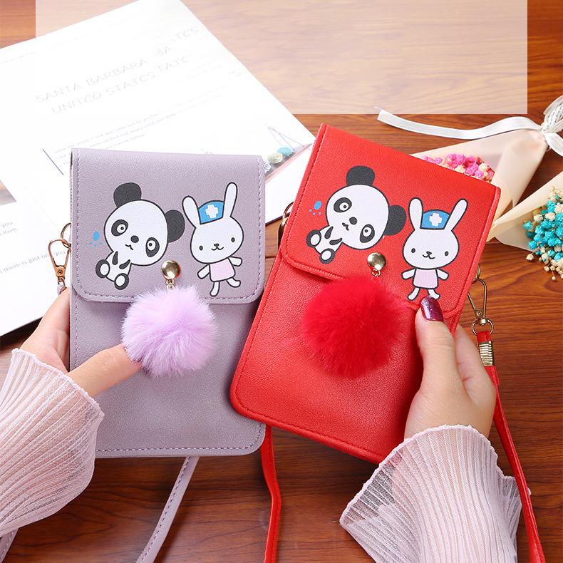 Bærbar PU-skinn tegneserie Enkel Mini Gjennomsiktig berøringsskjerm Mobil lommebok Skulder Crossbody Bag for IPhone Samsung Huawei