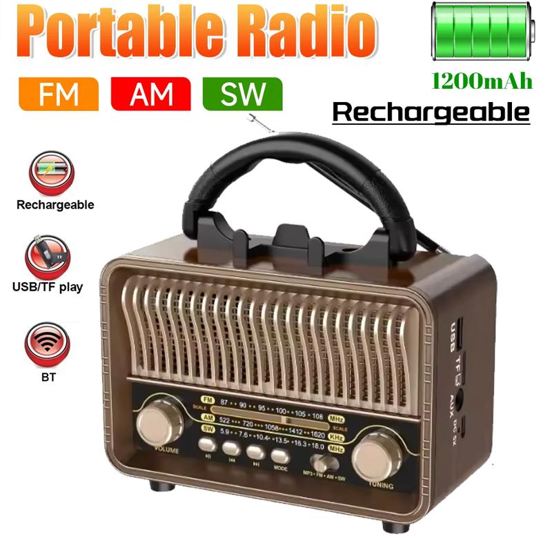 Retro AM FM SW Multi Band Radio Antique Design with Bluetooth Speaker TF/USB MP3 Player