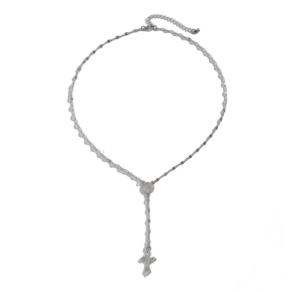 Fashion Sense Cross Alloy Pendant Necklace Gemstone Beaded Collar Chain