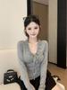 Women's Gray V-Neck Lace-Up Slim Fit Long-Sleeve T-Shirt, Winter Waist-Cinching Base Layer with Pure Desire Style.