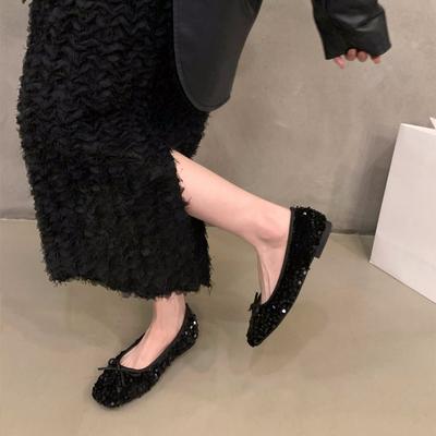 Single Shoes Fairy Shoes 2025 New Spring Autumn and Winter Flat Temperament Silver Sequins French Black Gentle Evening Shoes