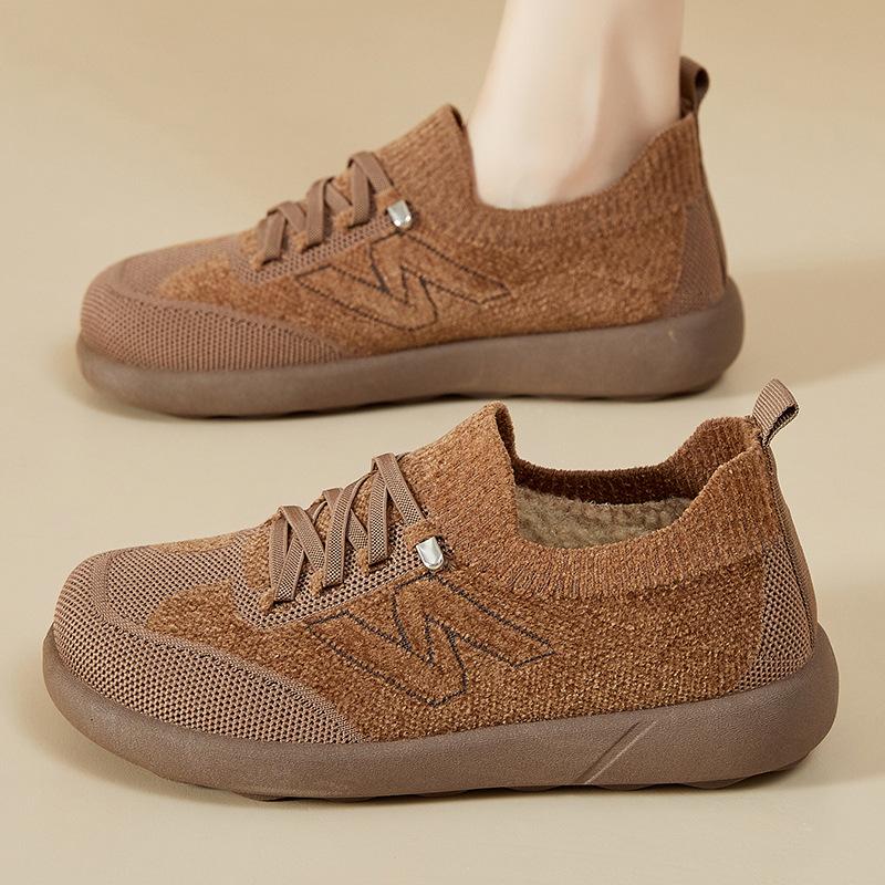 Women‘s Winter Warm Platform Knitted Sneakers With Faux Fur Lined Casual Anti-Slip Walking Shoes for Women Comfortable Lace-up Short Snow Boots