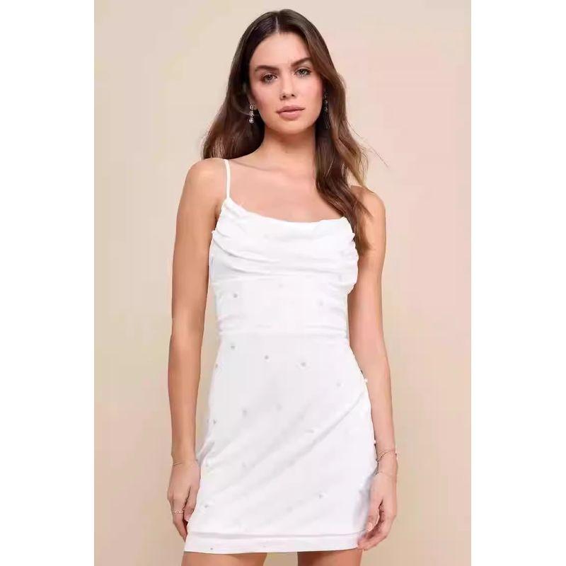 

Foreign Trade Order Lu s High Cold Goddess Temperament Mesh Patchwork Pearl Pile Collar Sheath Show Figure Dress Fairy Dress White X L