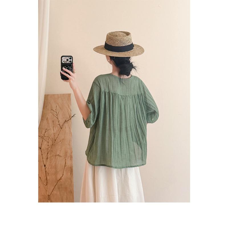 DIMANAF 2026 Summer New Plus Size Women Blouse Shirt Vintage Embroidery Loose Cotton Linen Casual Lady Tops
