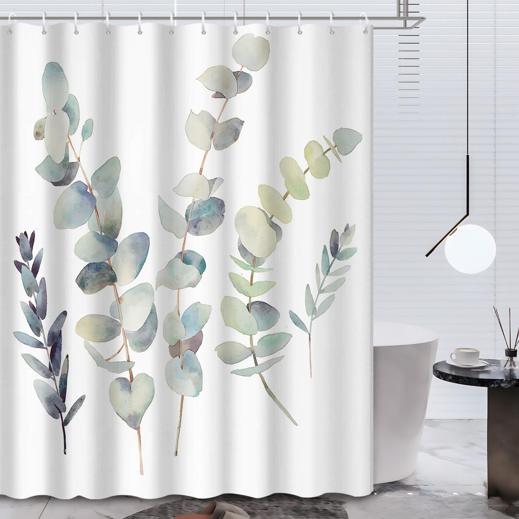 1pc 2D Flat Printing Watercolor Style Green Leaf Decorative Shower Curtain, with 12 Hooks, Bathroom Accessory, 2D Flat